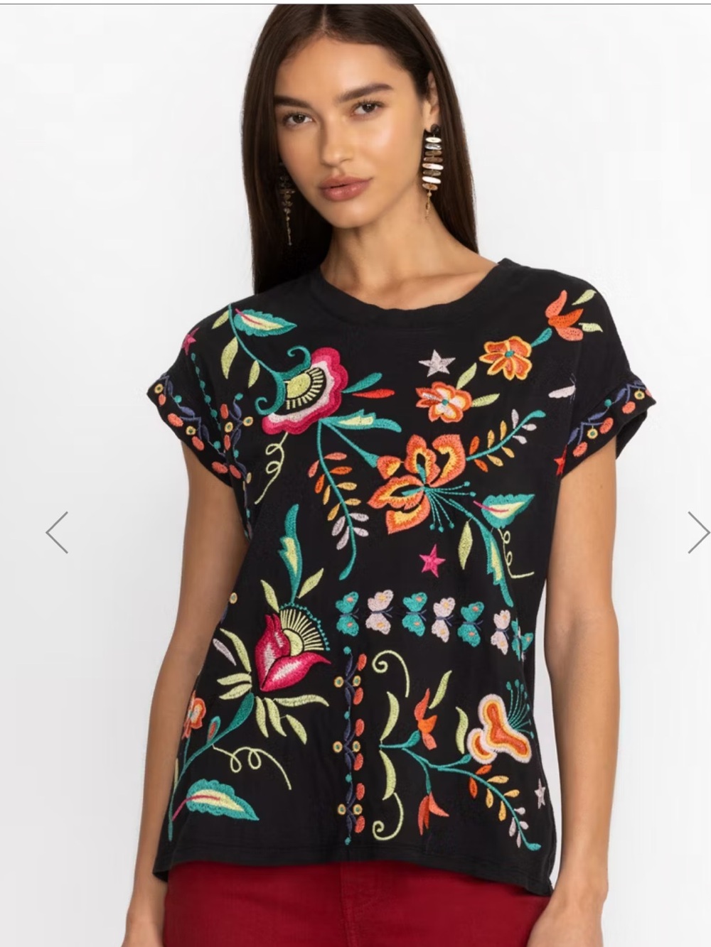 Johnny Was Black Short-Sleeve Tee with Multicolor Floral Embroidery